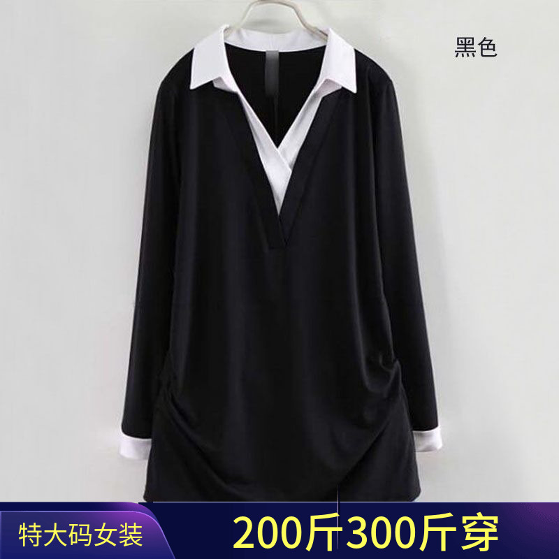 新款大码女假两件宽松长袖棉上衣