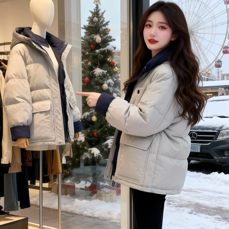 小个子加厚立领撞色短款棉服女