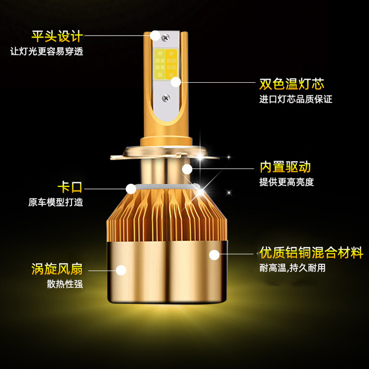 2 색 노란색과 흰색 집중 LED 자동차 대형 전구 H4 원근 통합 전기 자동차 H1H7H3 안개등 수정 슈퍼 브라이트