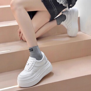 刺绣增高8CM小白鞋 女 白色咖色真皮厚底松糕鞋 欧货小个子2025新款