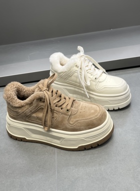 欧洲站女鞋2025冬季新款真皮加绒休闲板鞋厚底增高小白鞋保暖棉鞋