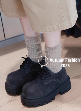 欧洲站2025秋季新款厚底松糕单鞋大头皮鞋女做旧德比鞋欧货乐福鞋