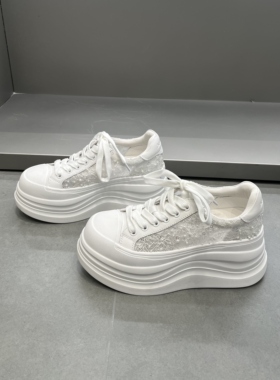 欧洲站2026夏季新款真皮厚底松糕鞋增高8CM透气蕾丝网面小白鞋女