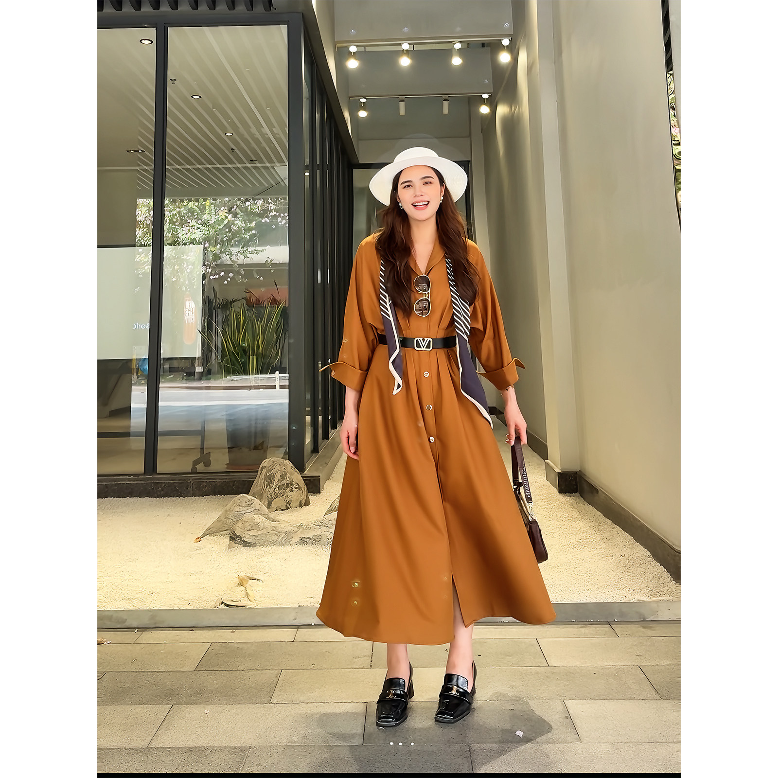 大骨架cici高级感气质通勤风衣式连衣裙女春季新款收腰显瘦长裙子