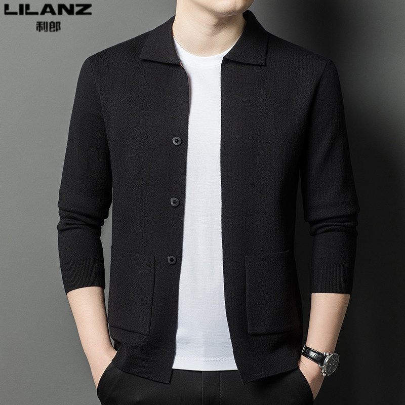 利郎男装针织衫春季新款纯色休闲毛衣中青年男士时尚翻领开衫外套