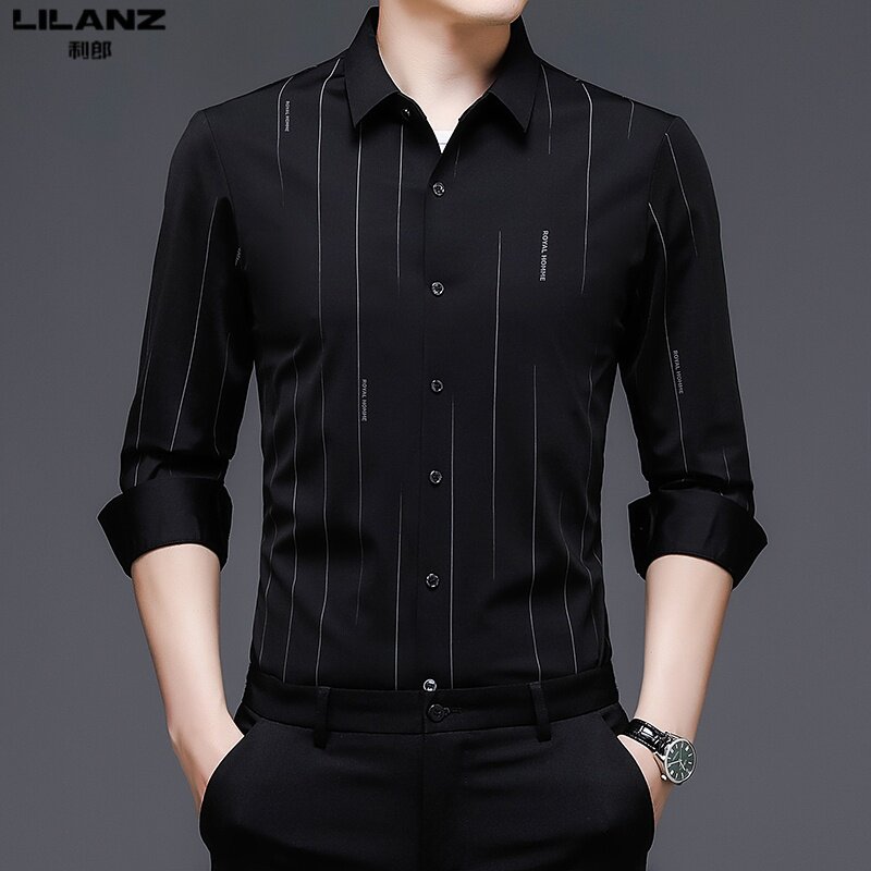 利郎男装长袖衬衫春季新款条纹无痕衬衣男士商务休闲修身打底衫潮