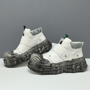 男生头层牛皮高帮饼干鞋男款潮鞋真皮厚底增高鞋欧洲站男鞋休闲鞋