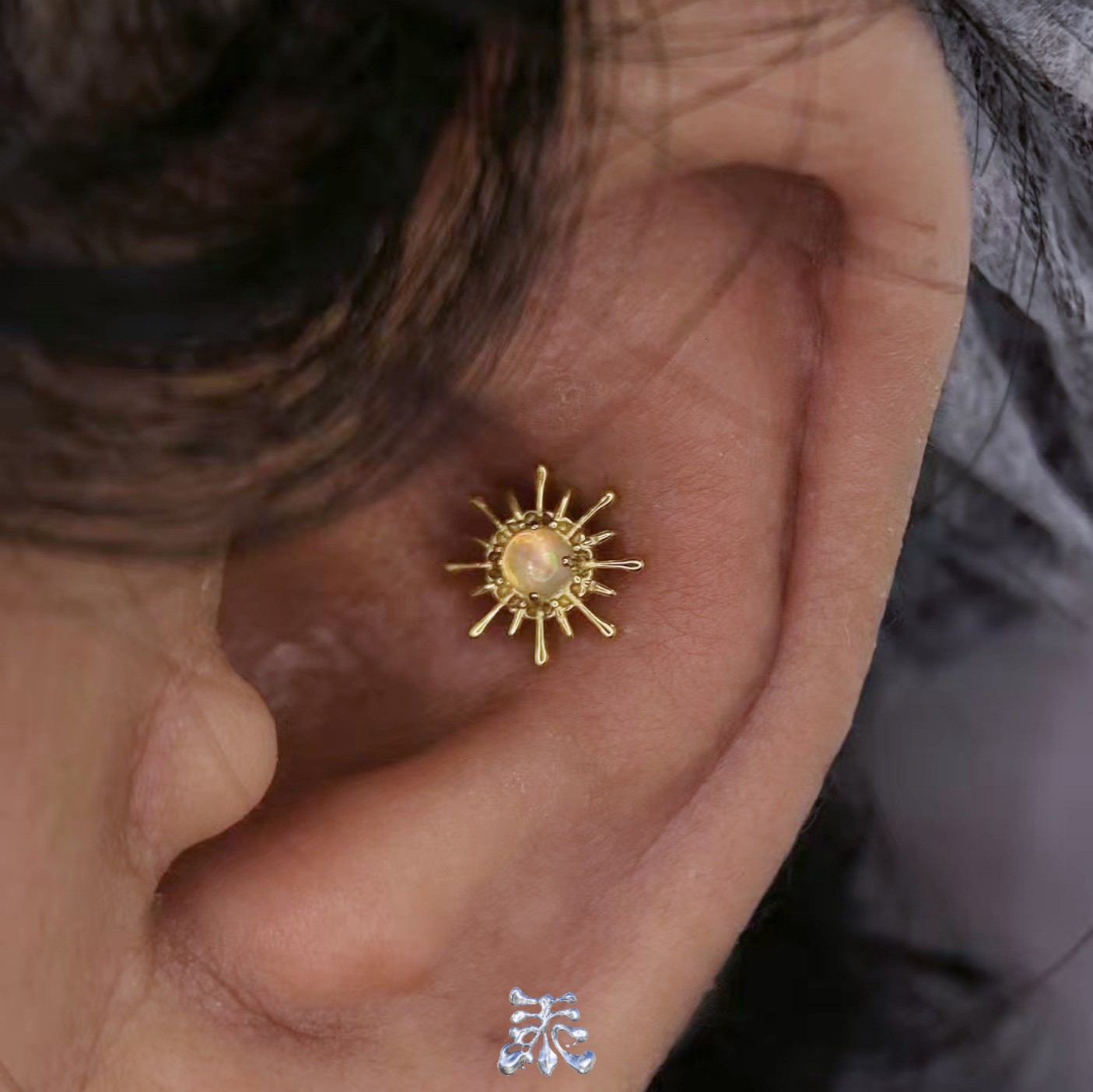 澳宝爆裂太阳花欧泊耳钉钛合金亚