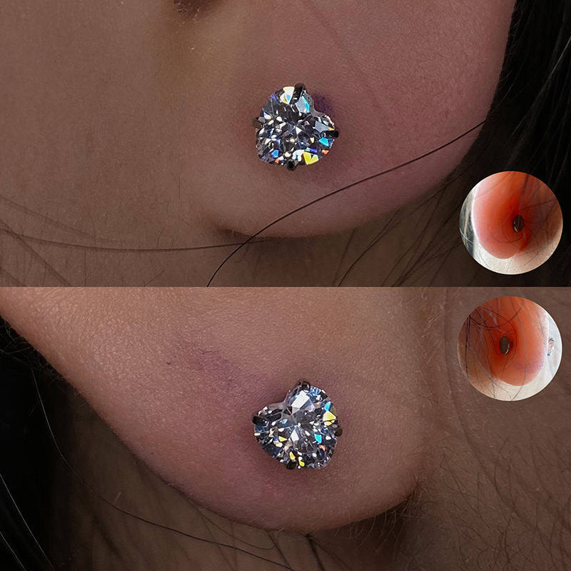 45mm碗底四爪镶爱心锆石耳钉16g0.9螺纹端植入级钛合金防过敏耳骨