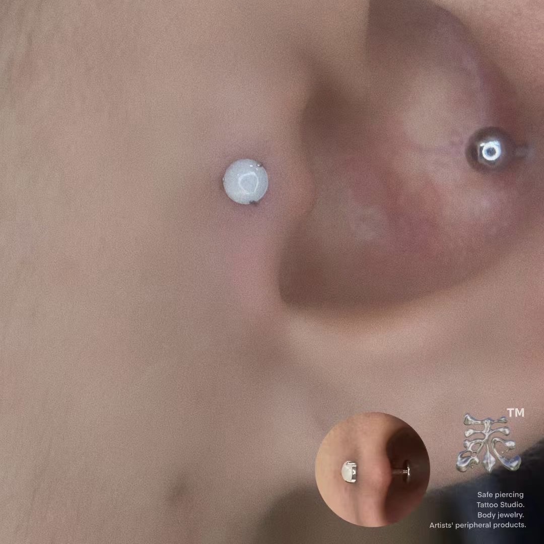 新中式天然石平底钛合金耳钉鼻钉