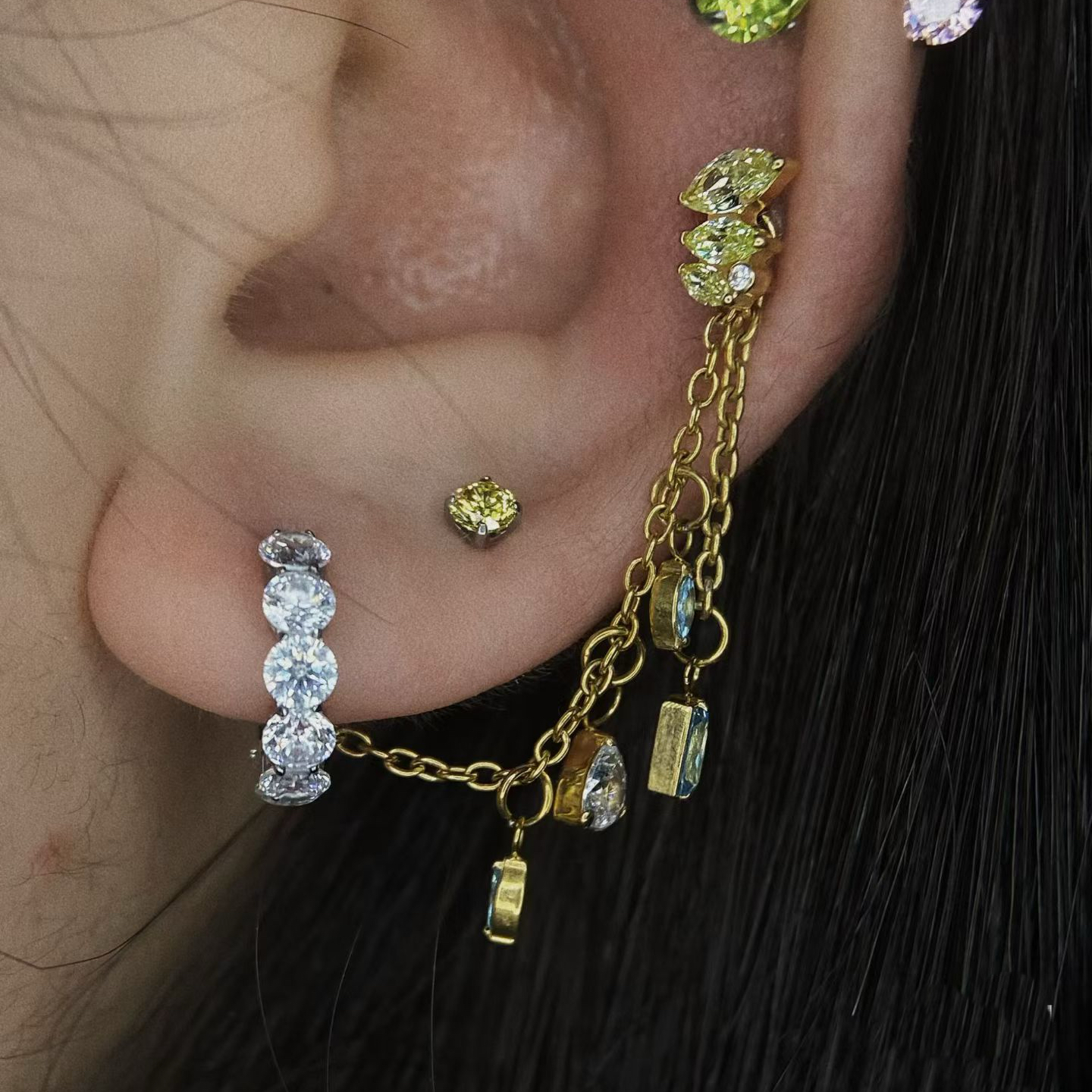 镀金双孔位锆石耳骨钉链条diy亚