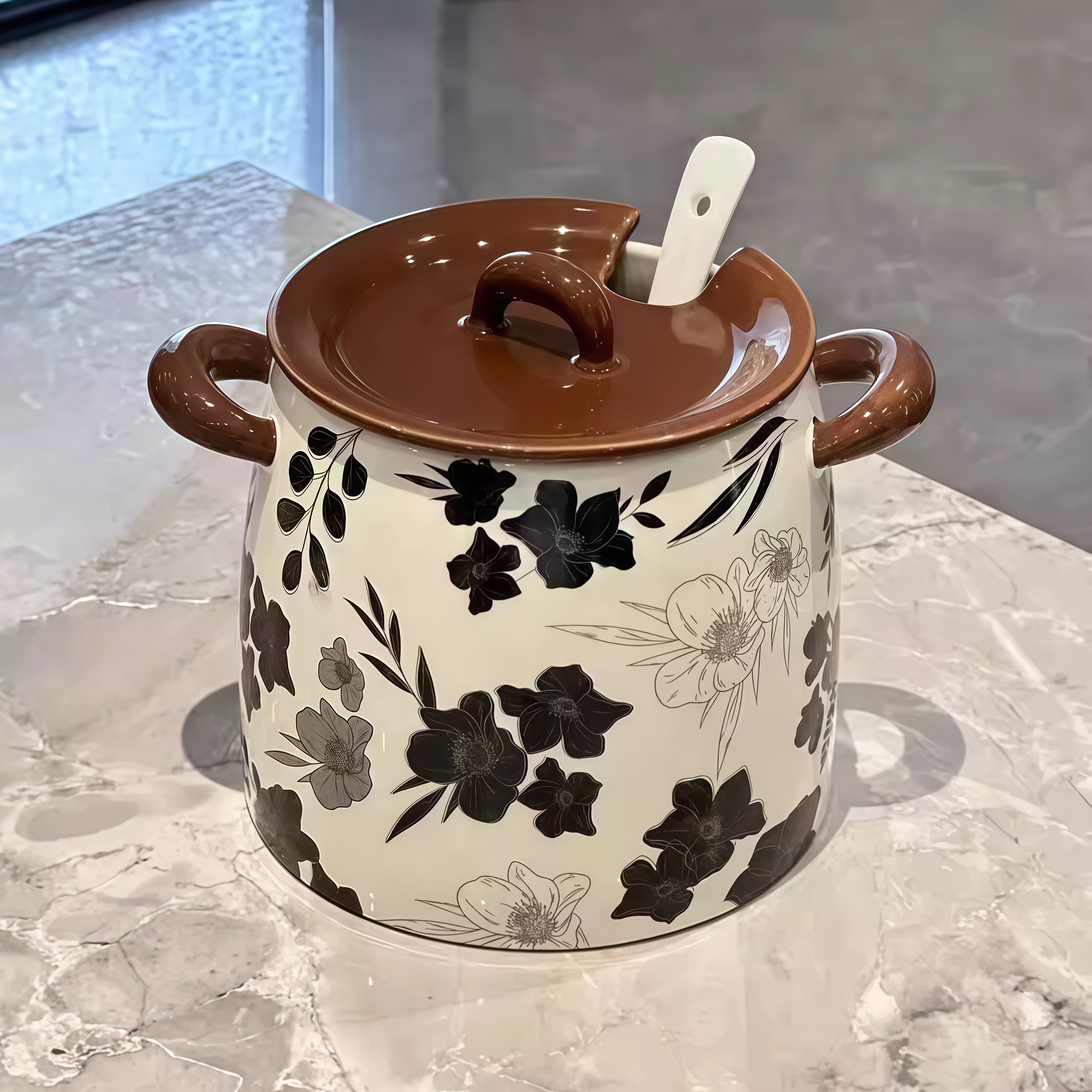 家用耐高温陶瓷带盖勺滤网调料盒