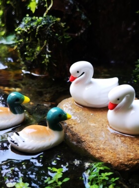 陶瓷白鹅鸭子荷花鱼池摆件