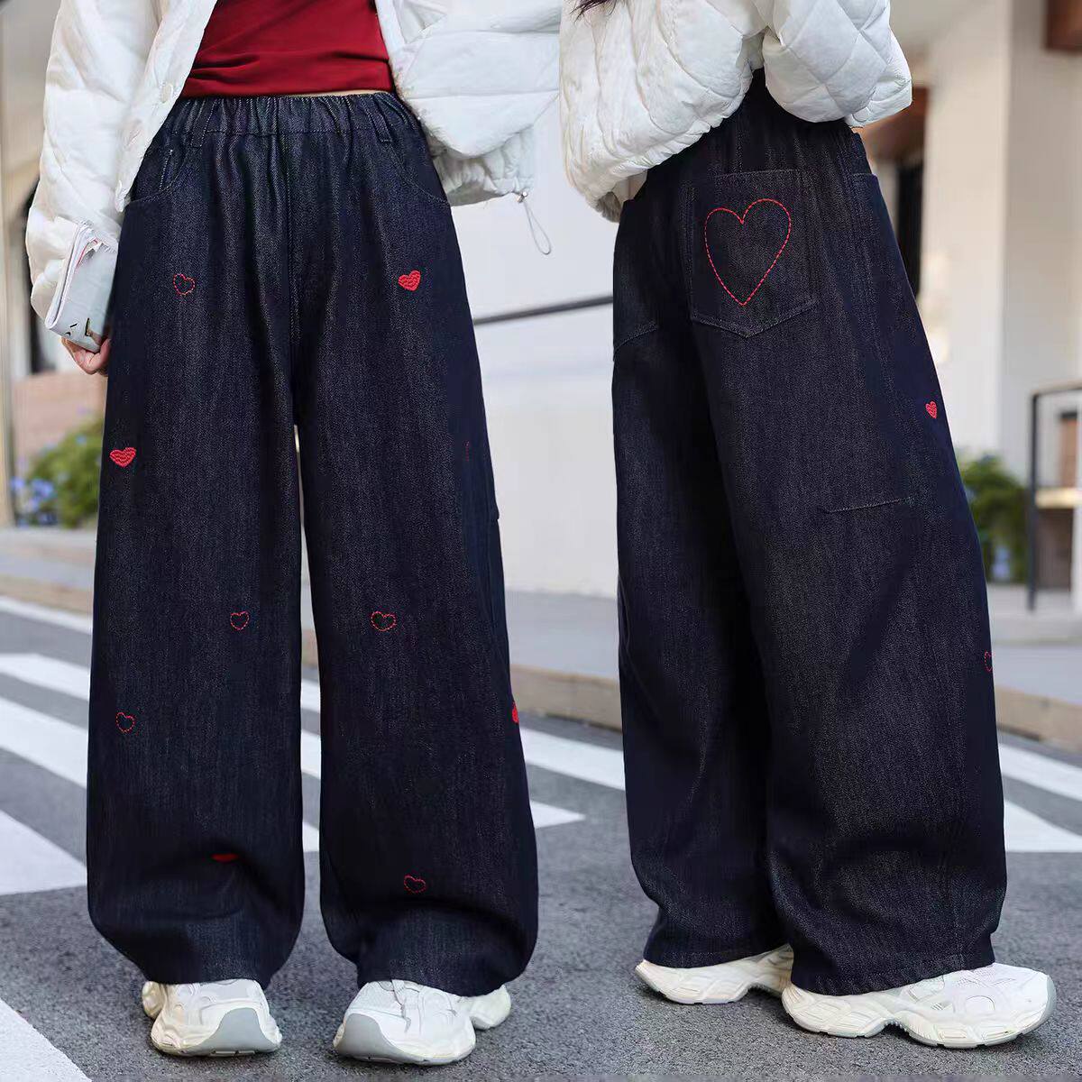 胖女童阔腿牛仔裤春秋时髦儿童加肥大码6-12岁女孩宽松直筒休闲裤