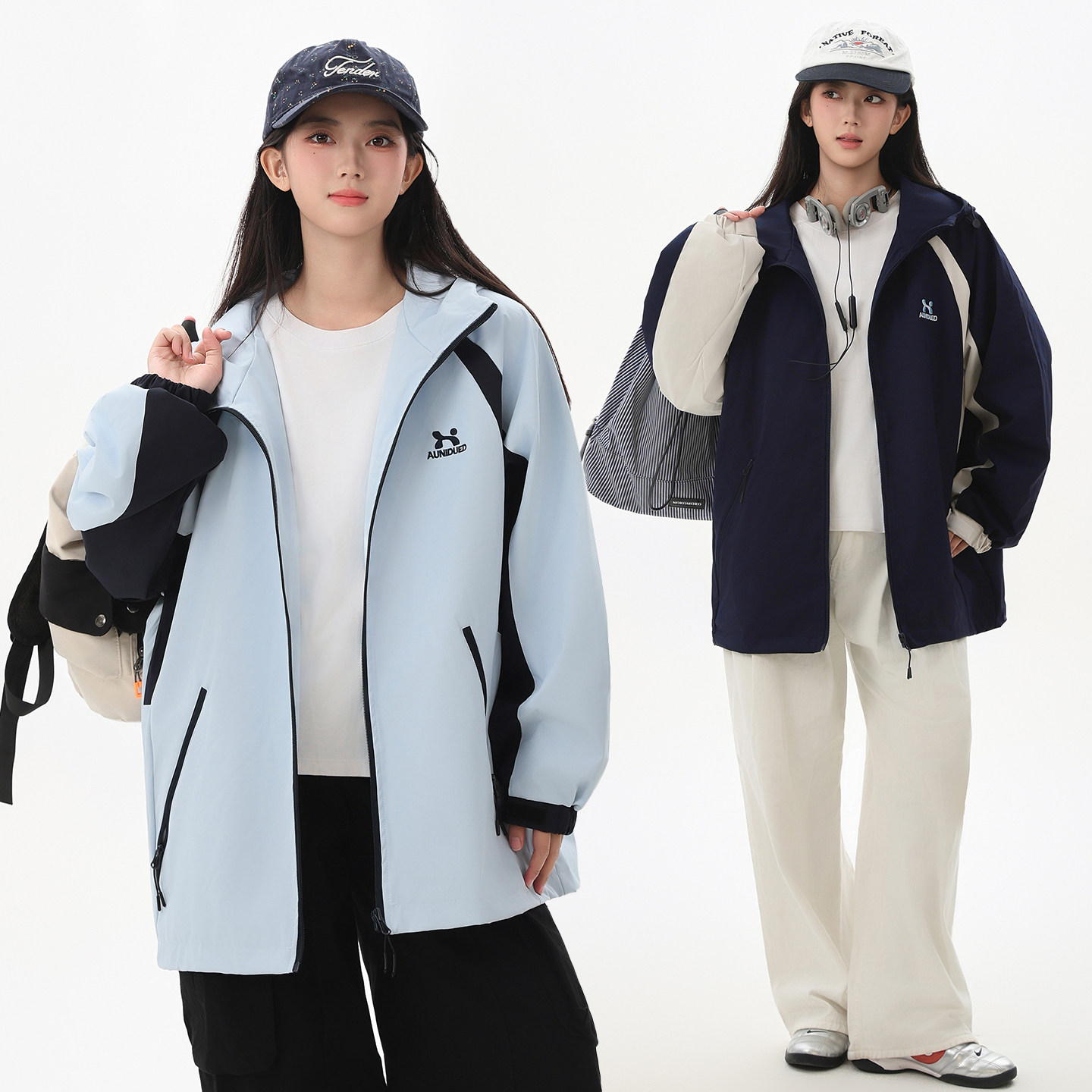 胖女童冲锋衣外套户外连帽风衣