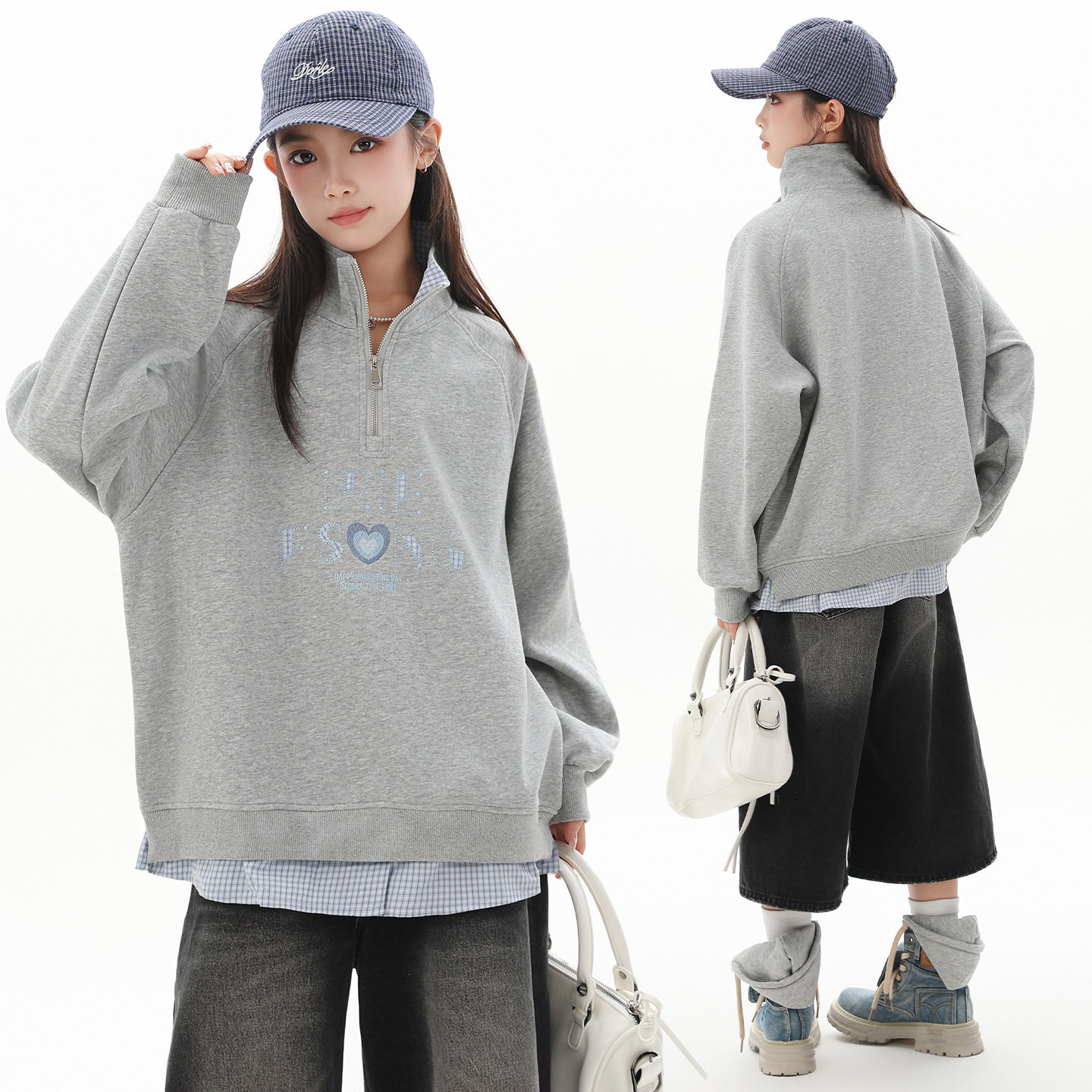胖女童polo领假两件半拉链卫衣