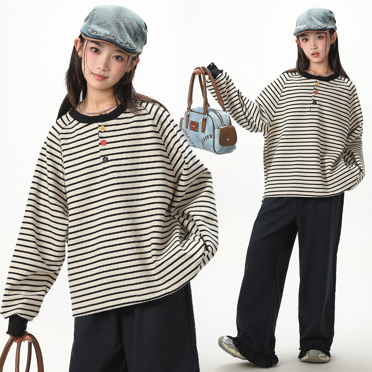 胖女童条纹卫衣圆领长袖t恤上衣