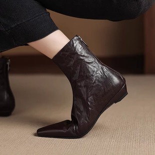软羊皮2cm低坡跟短靴女25年秋冬新款 复古方头及踝单靴马丁靴 法式