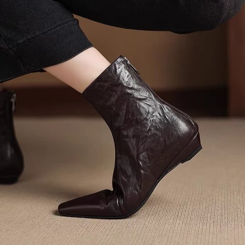 软羊皮2cm低坡跟短靴女25年秋冬新款法式复古方头及踝单靴马丁靴