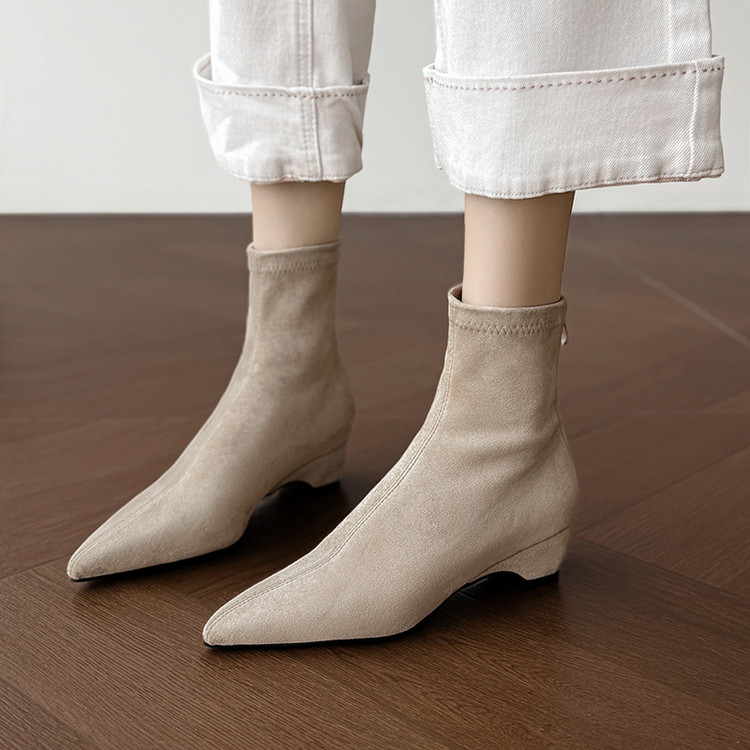 绒面4cm粗跟尖头弹力瘦瘦靴女春秋单裸靴法式优雅中跟四季小短靴