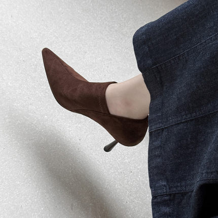 显瘦~7cm细跟尖头高跟鞋女春秋时尚气质ol真皮拼接深口小猫跟单鞋