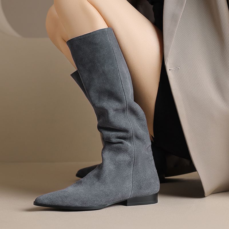 长筒靴堆堆靴平底西部靴复古真皮