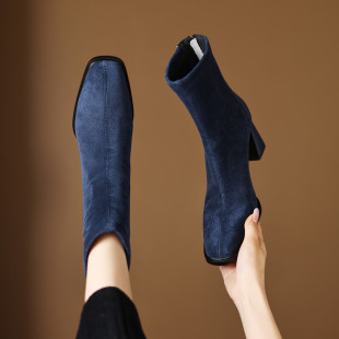 7cm粗跟方头高跟弹力瘦瘦靴女短靴2025年秋冬时尚 百搭拼接马丁靴