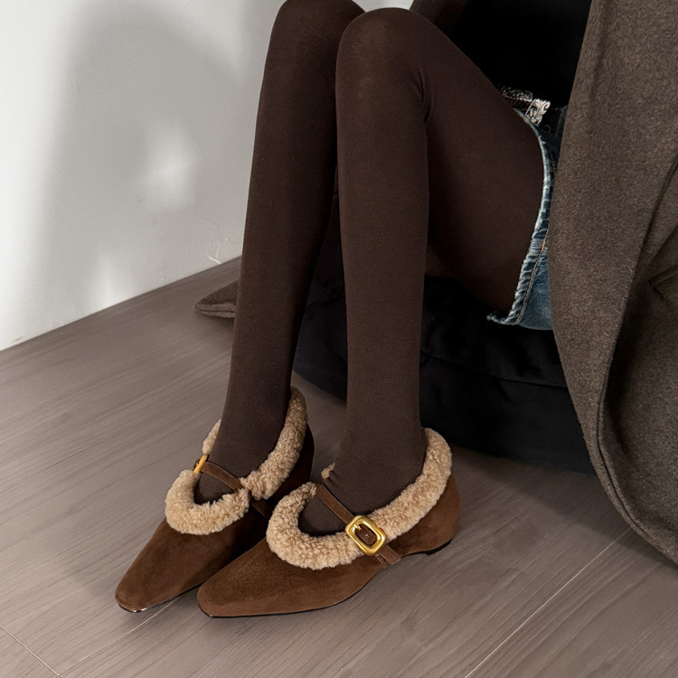 羊翻皮2.5cm跟高加绒里玛丽珍单鞋女冬季时尚优雅保暖毛毛棉鞋靴
