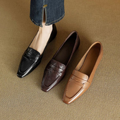 巨软真皮中口单鞋 方头平底乐福鞋 女早春复古小皮鞋 通勤ol职业法式