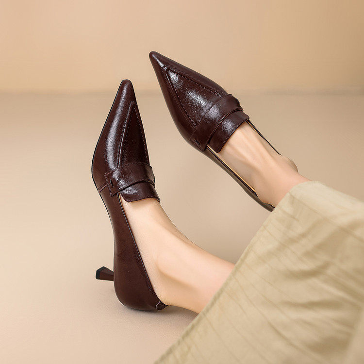 真皮5cm小跟高跟鞋女春秋款通勤时尚显瘦深口乐福鞋尖头猫跟单鞋,女鞋,深口单鞋,淘宝优惠券,粉丝福利购,淘宝优惠卷