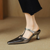 真皮百搭细跟穆勒凉拖鞋 法式 女包头春夏外穿丁字鞋 高跟半拖鞋 时尚