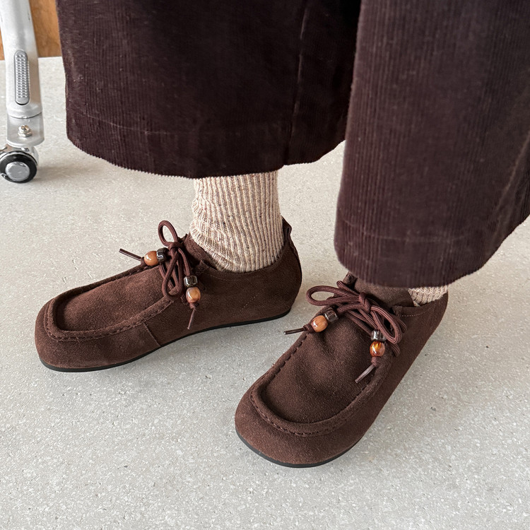 牛翻皮2.5cm跟系带博肯单鞋女早春新款休闲松弛感深口乐福小皮鞋