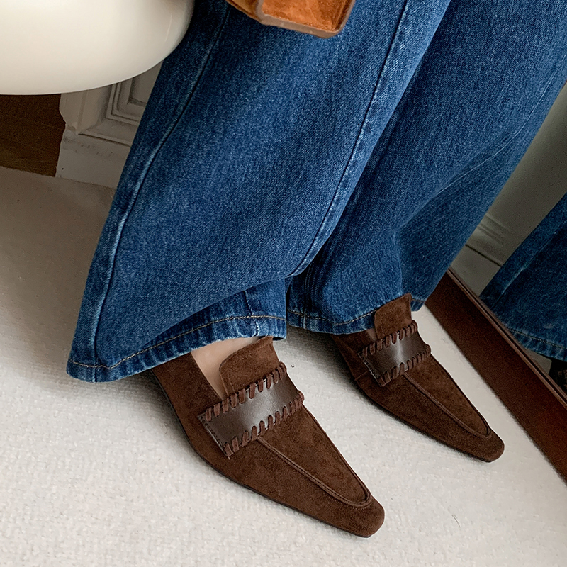 羊反绒深口单鞋猫跟鞋尖头通勤