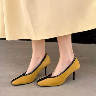 时髦精小众真皮8cm细跟方头高跟鞋女春夏新款拼接小猫跟单鞋黄色