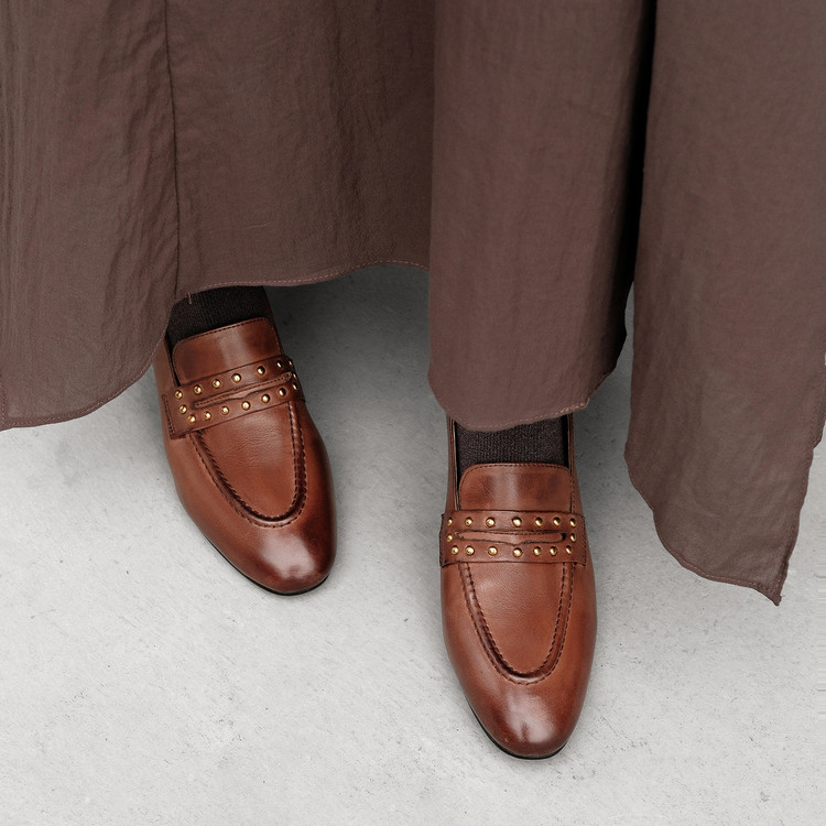 头层牛皮铆钉小皮鞋女深口单鞋春秋新款老钱风英伦复古正商乐福鞋