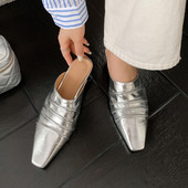 方头凉拖 女春秋外穿褶皱穆勒鞋 早春时髦精 3cm坡跟包头半拖鞋