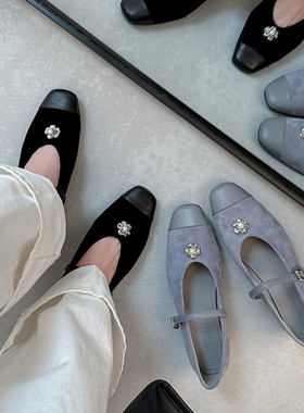 真皮拼接3cm粗跟玛丽珍鞋女春夏款时尚复古灰色方头一字扣带单鞋