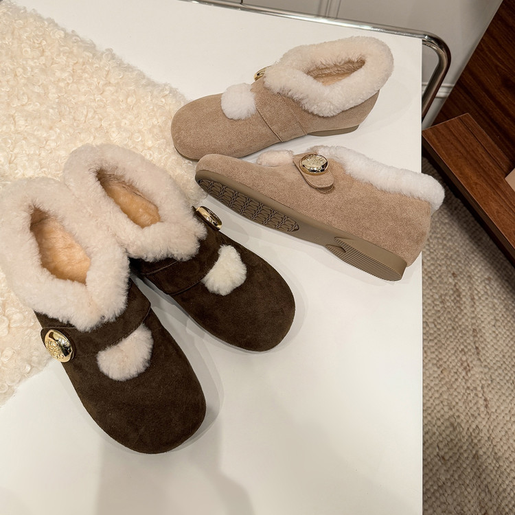 牛翻皮4cm跟内增高加厚绒里羊毛混纺单鞋女冬保暖温柔毛毛棉鞋靴