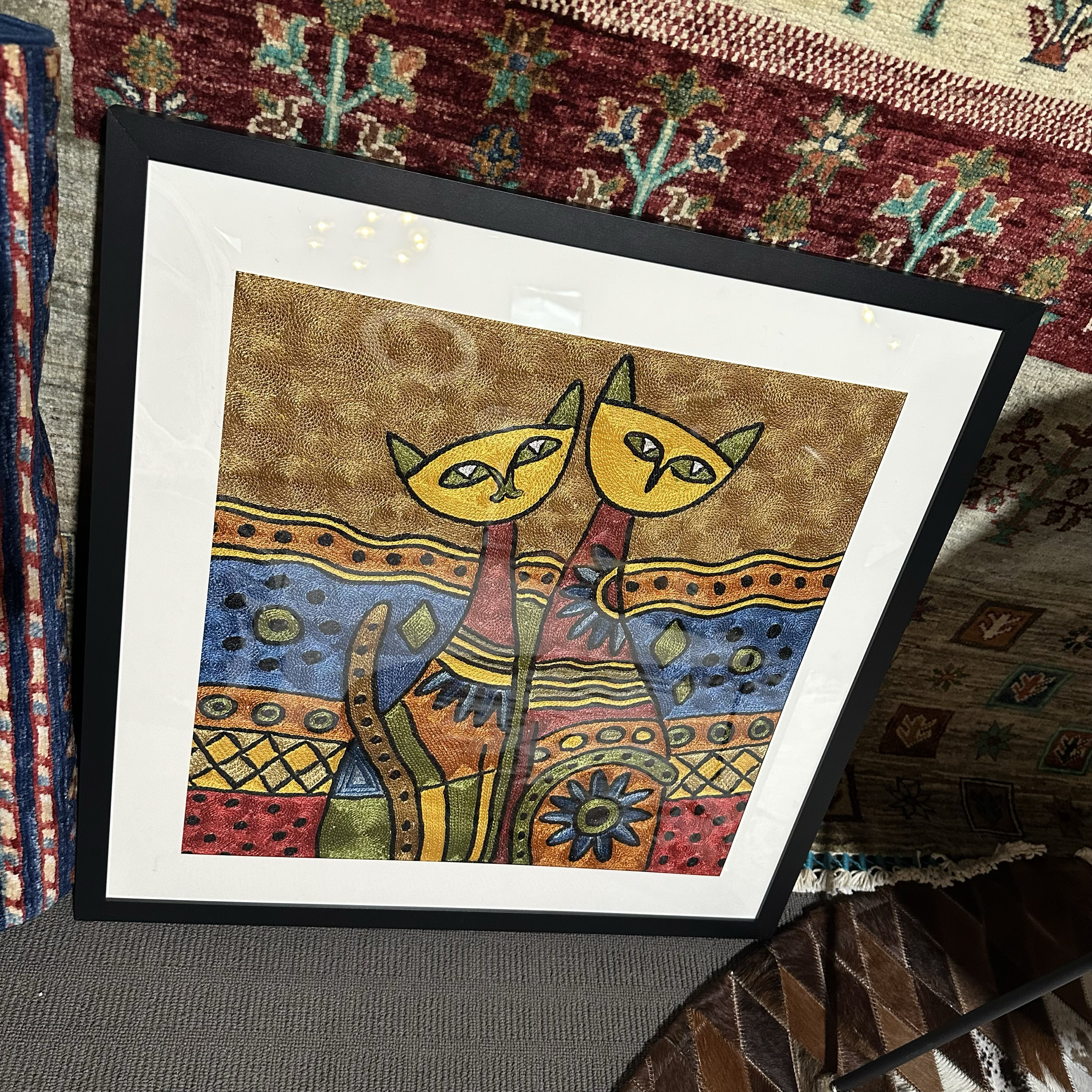 克什米尔进口手工刺绣勾绣猫咪丝线挂画（不含框）抱枕套不含枕芯