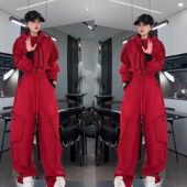 两件套女新年套装 2026春季 长款 卫衣阔腿裤 休闲松弛感红色连帽短款
