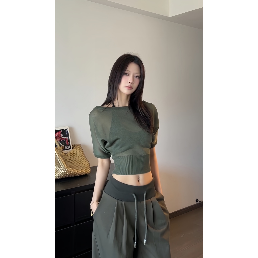2025夏季新款辣妹气质高级感显白显瘦绿色斜肩两穿上衣/阔腿裤