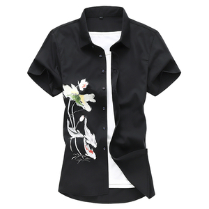 大码休闲风印花短袖青年男士鲤鱼衬衫3682P38图片