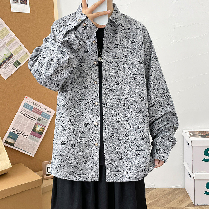 春秋男生港风长袖腰果花宽松情侣模特外套大码衬衫3013P35,男装衬衫,星座101C（原电商A011-3）