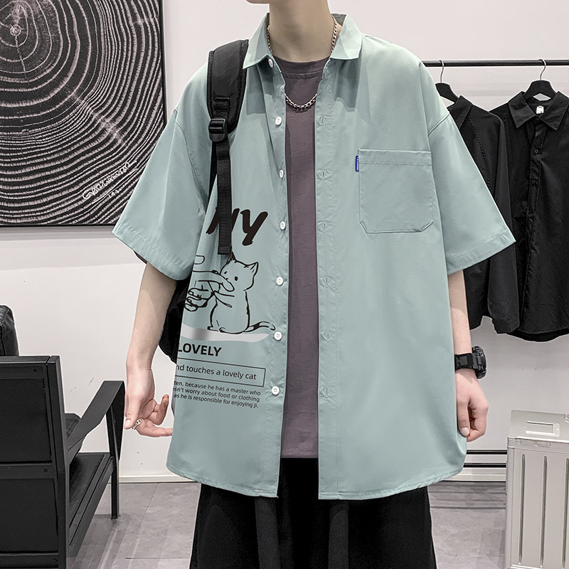 港风大码短袖猫咪衬衫青年男生情侣衬衫D321 P28图片