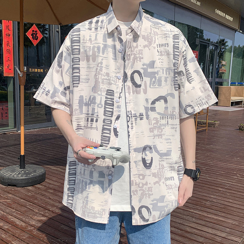 24冰丝港风衬衫男短袖夏季情侣沙滩衬衣外套D637P35,男装T恤,星座101C（原电商A011-3）