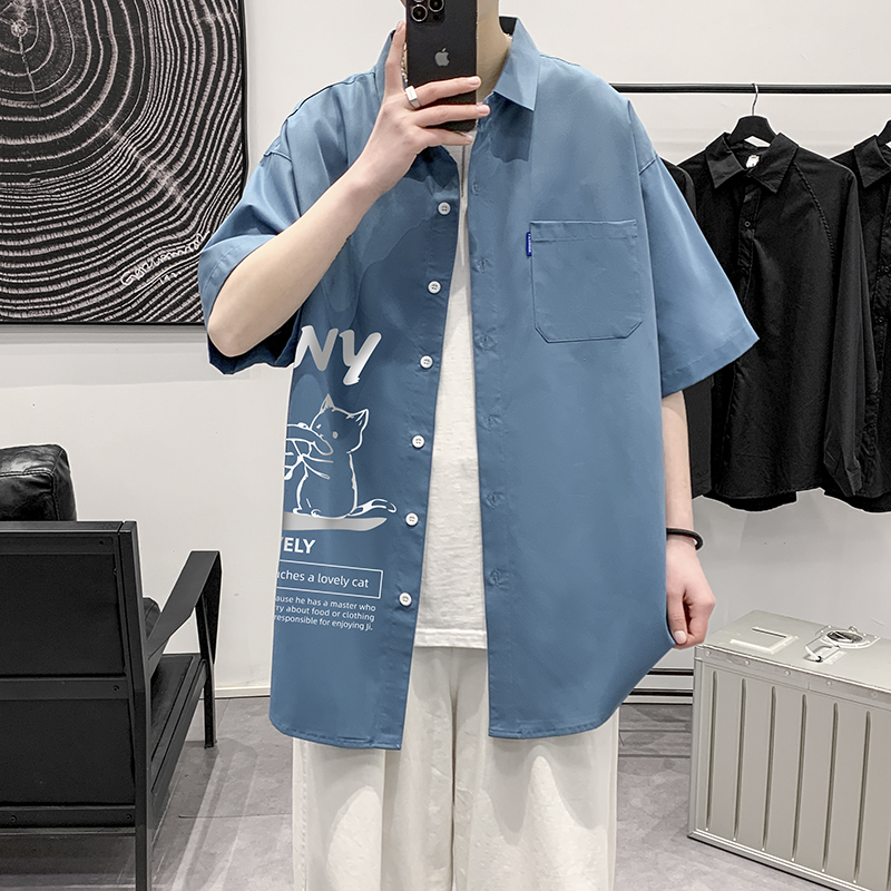 港风大码短袖猫咪衬衫青年ins情侣衬衫D321P28，男装T恤，星座101C（原电商A011-3）