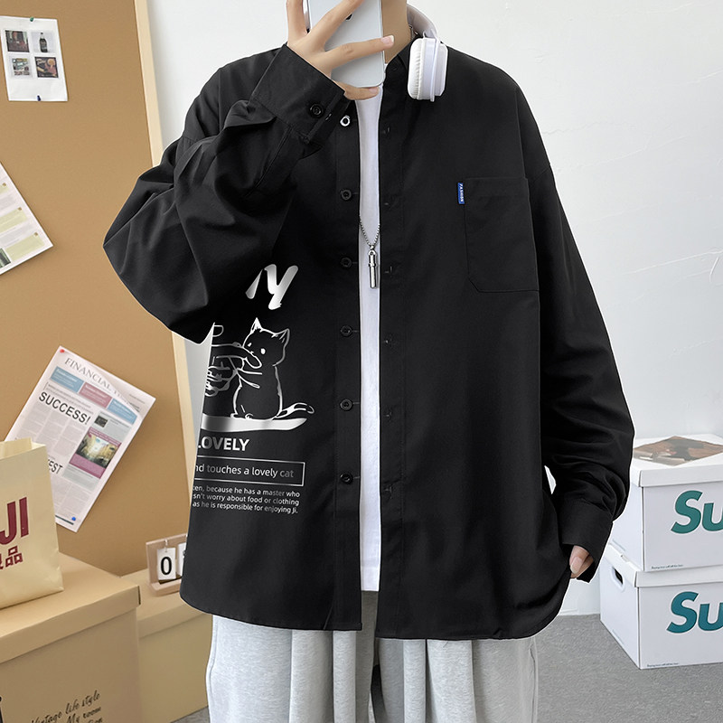 春秋男生港风长袖宽松ins情侣外套大码衬衫模特3021P35,男装衬衫,星座101C（原电商A011-3）