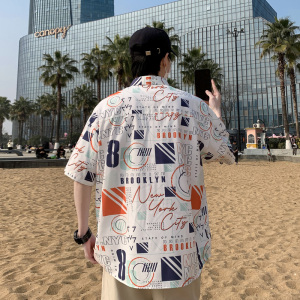 港风大码衬衫男短袖夏季情侣款沙滩衬衣外套D3907P35