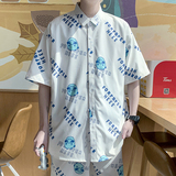 24冰丝港风衬衫男短袖夏季设计感情侣沙滩衬衣外套D630P35，男装T恤，星座101C（原电商A011-3）