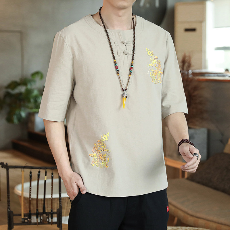 QT4025风民族龙短袖薄款T恤棉麻男大码盘扣T恤男T612P33,男装T恤,星座101C（原电商A011-3）